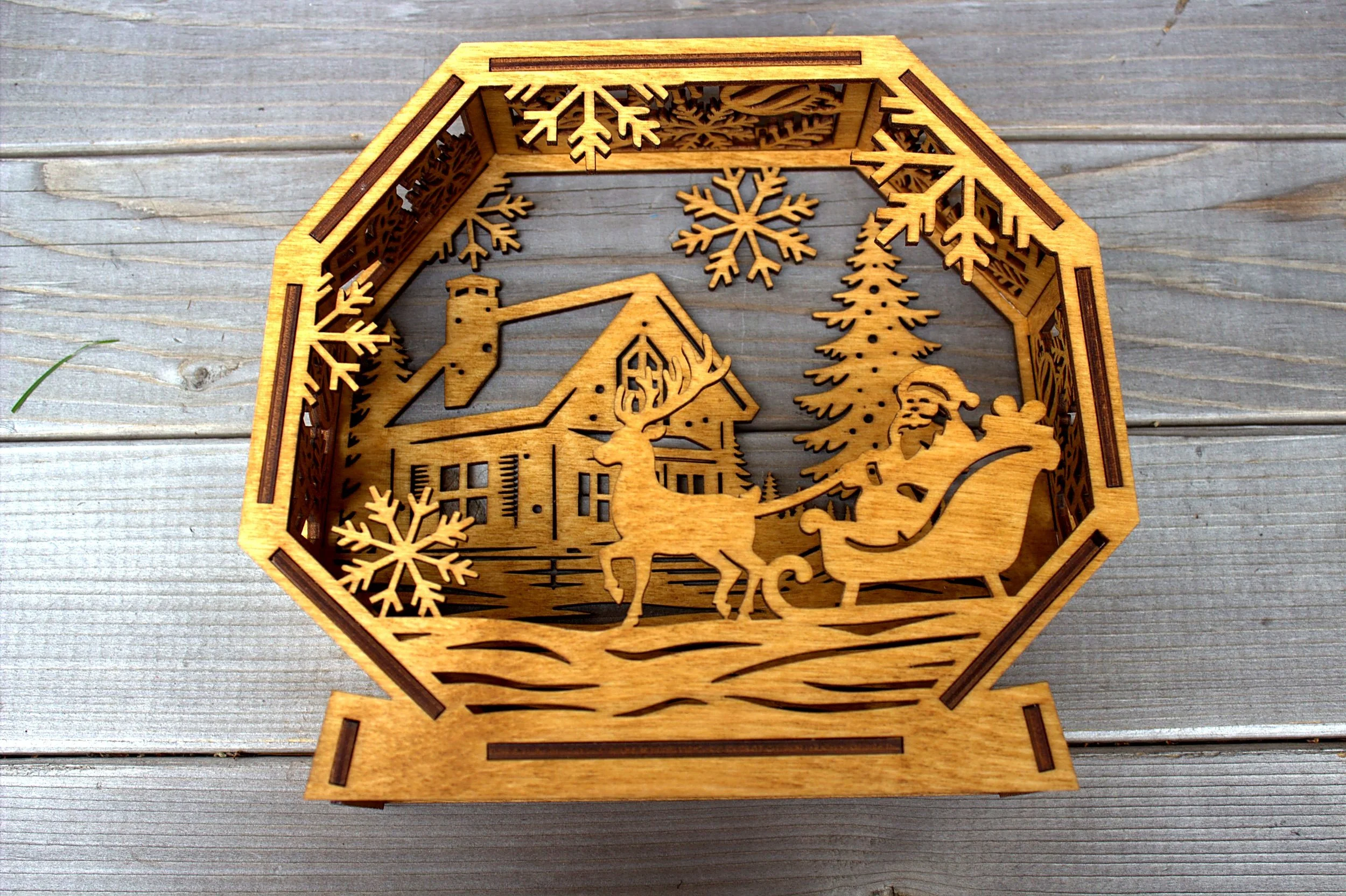 Laser-cut octagonal winter lantern — front view