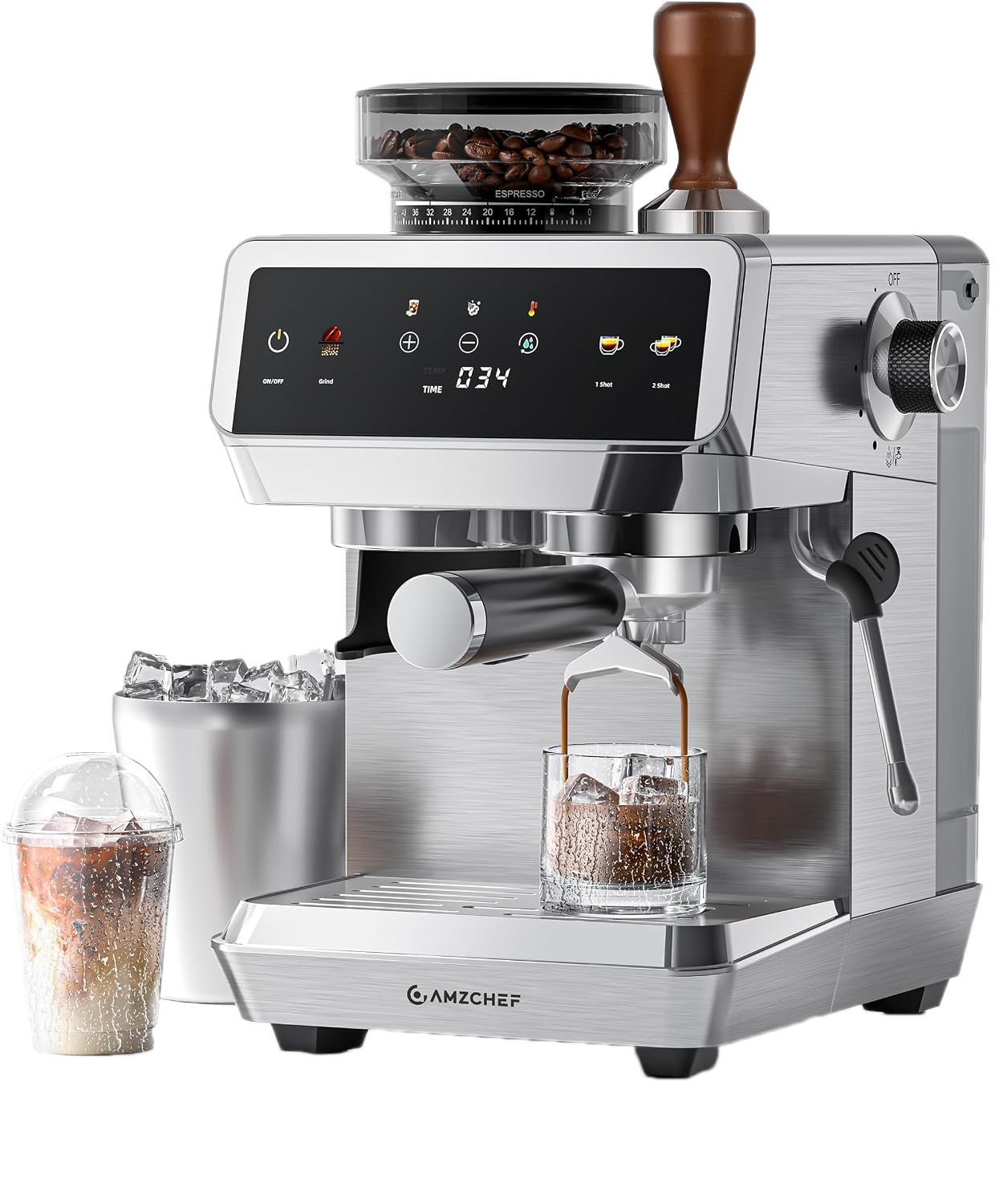 AMZCHEF stainless steel espresso machine with built-in coffee grinder, portafilter, steam wand, coffee beans, and iced espresso drinks