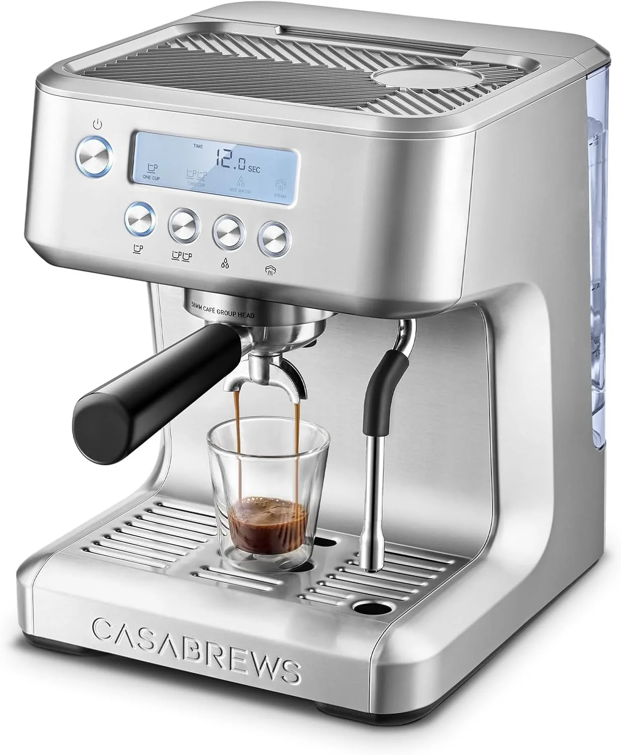 Stainless steel Casabrews espresso machine brewing espresso into a glass, with portafilter, steam wand, digital display, and water reservoir.