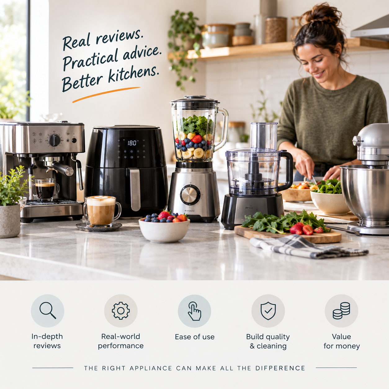 Woman preparing food in a modern kitchen surrounded by espresso machine, air fryer, blender, food processor, and stand mixer; graphic promotes appliance reviews, performance, ease of use, quality, and value.