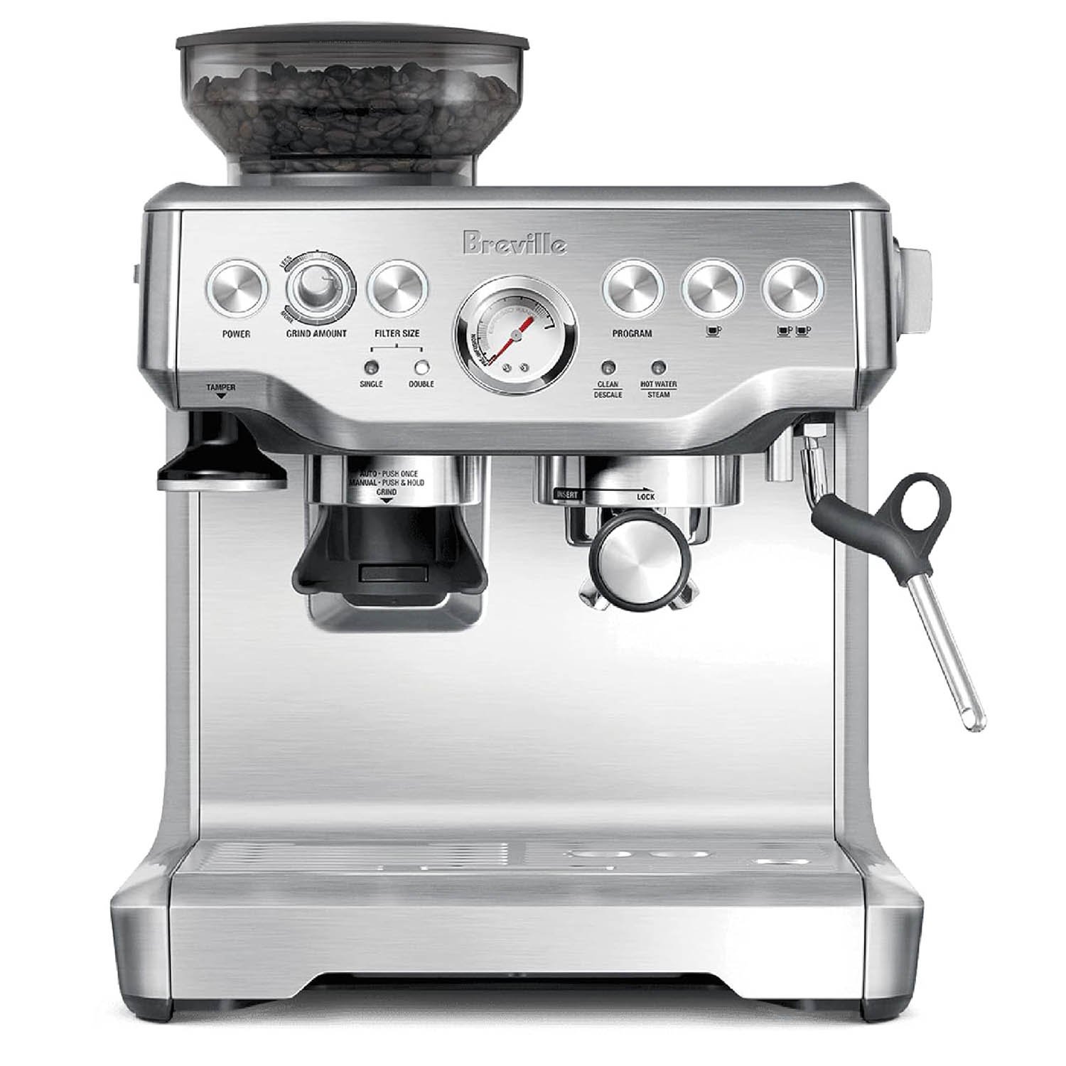 Brushed stainless steel Breville espresso machine with built-in coffee grinder, bean hopper, portafilter, and steam wand