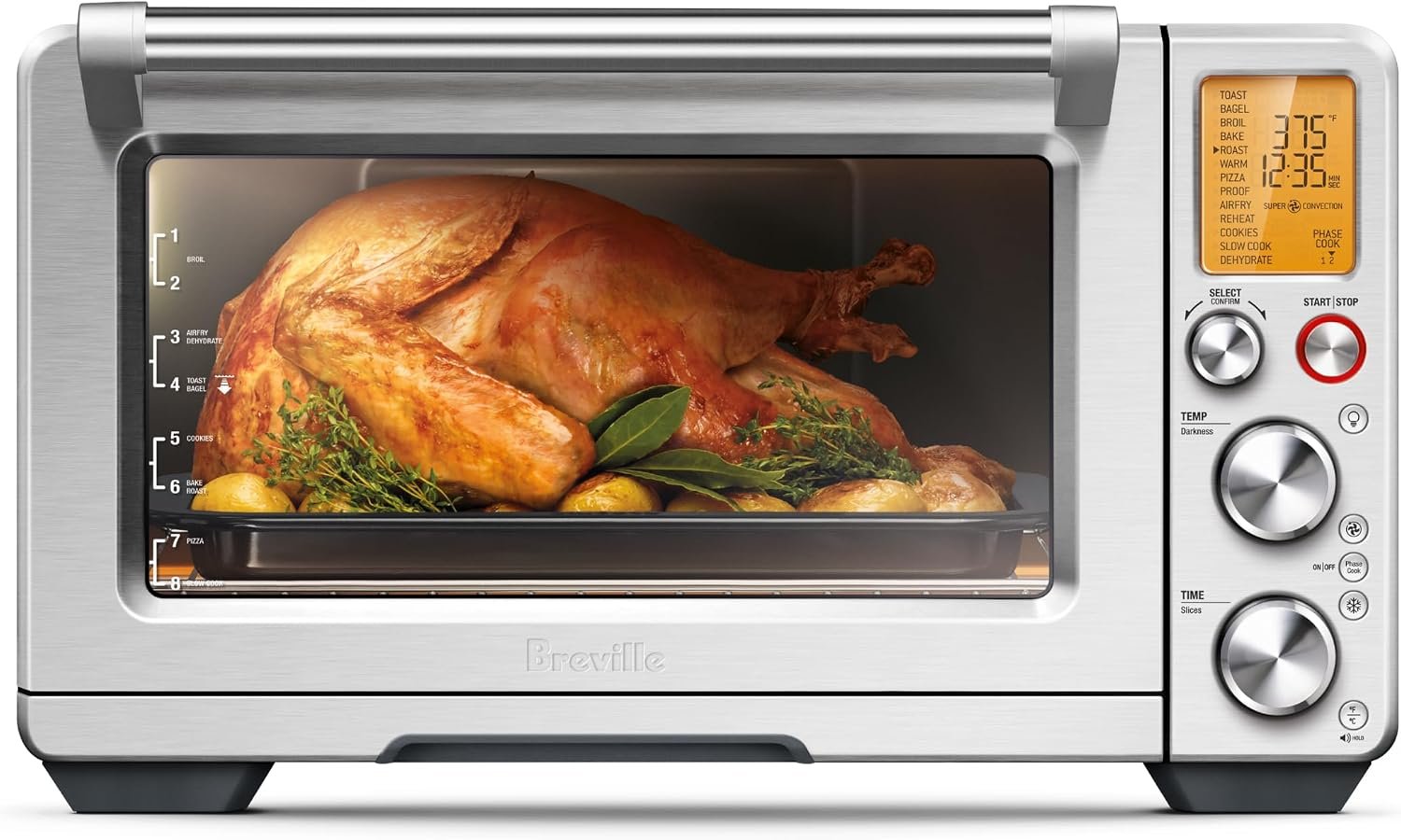 Breville stainless steel countertop oven roasting a whole turkey with herbs and lemons