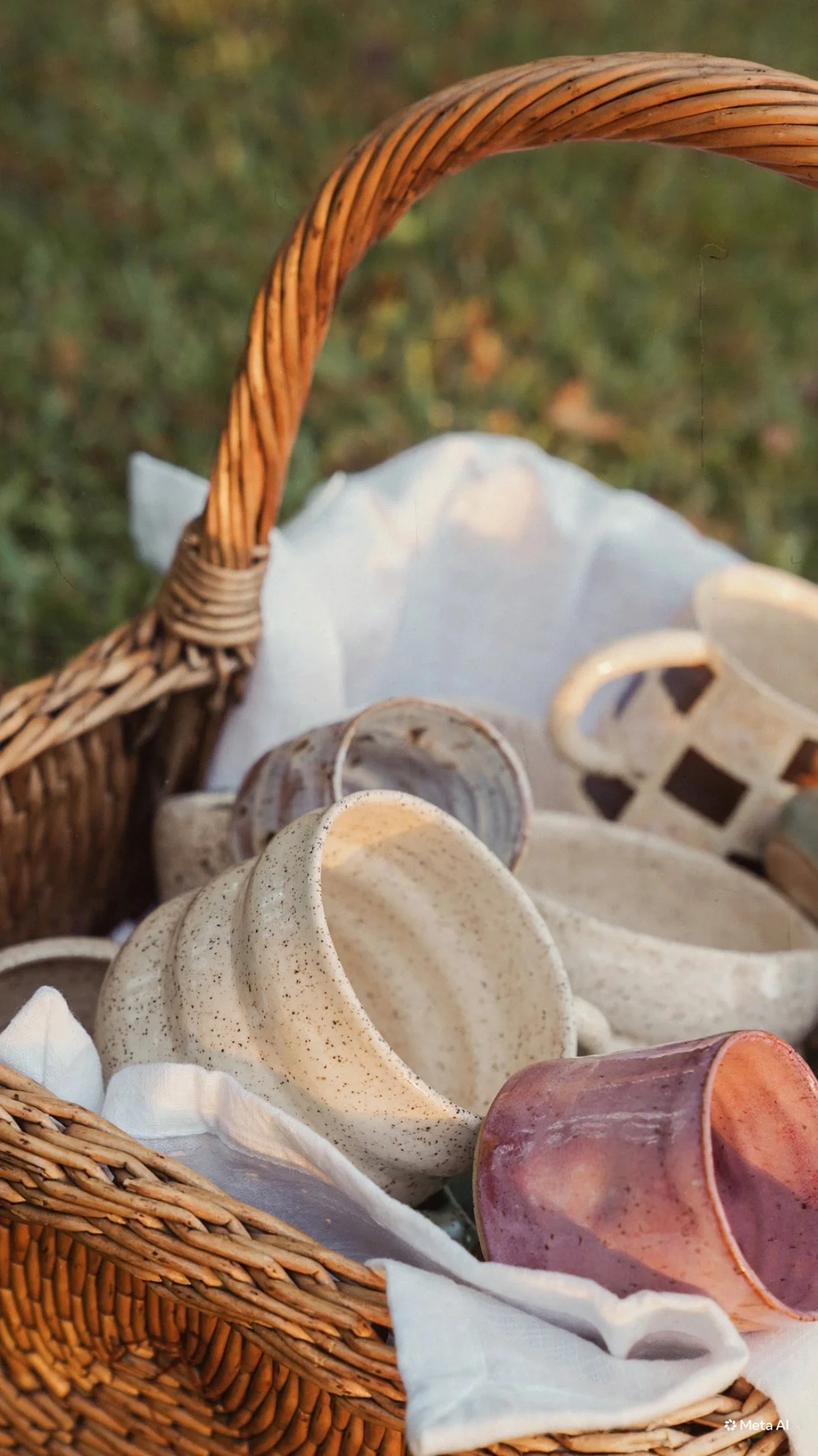 Woven wicker basket filled with assorted ceramic pottery and fabric outdoors