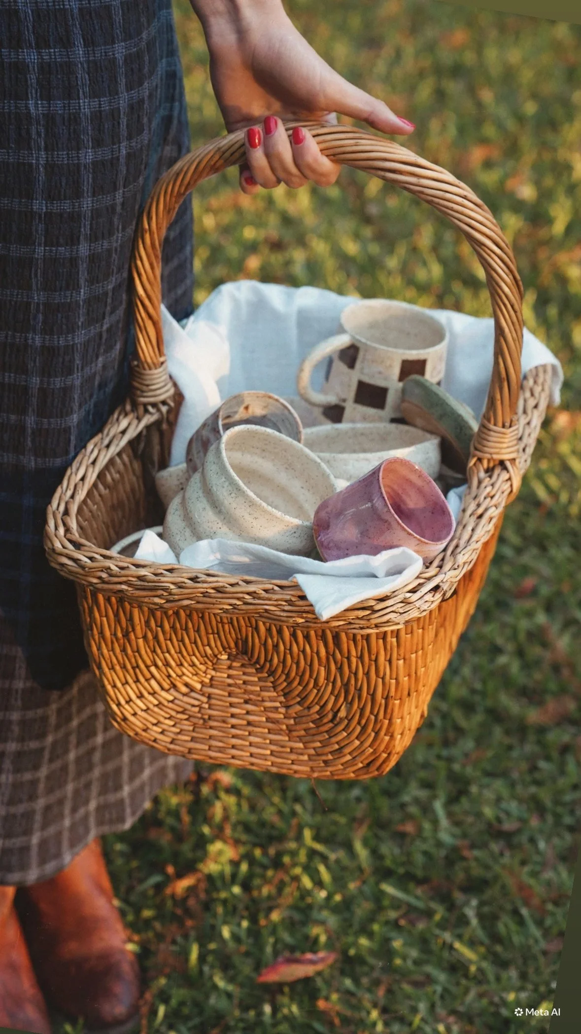 Person carrying a wicker basket filled with handmade ceramic mugs and bowls outdoors.