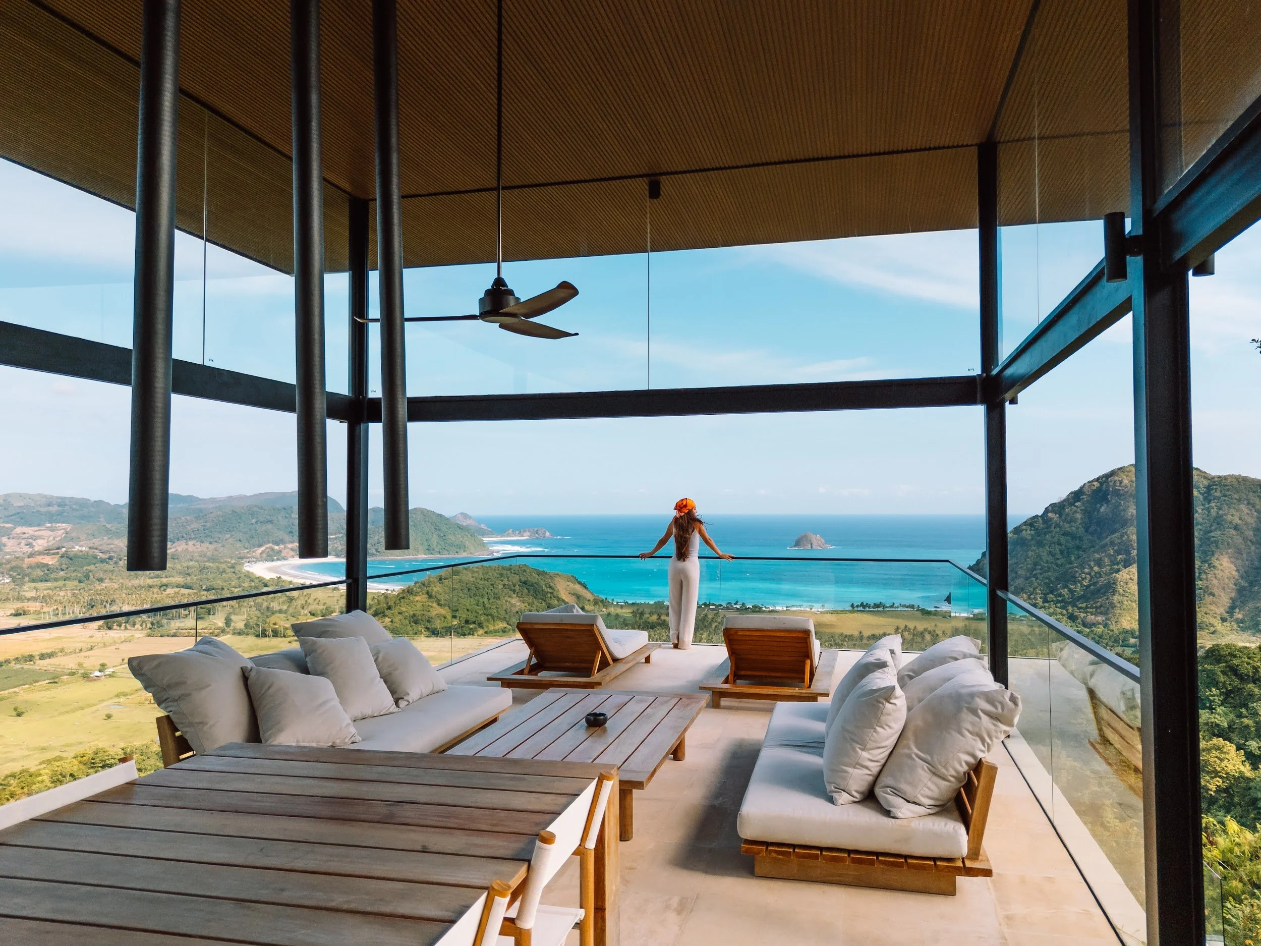Open-air living pavilion overlooking Selong Belanak Bay at Villa Kai Lani, South Lombok