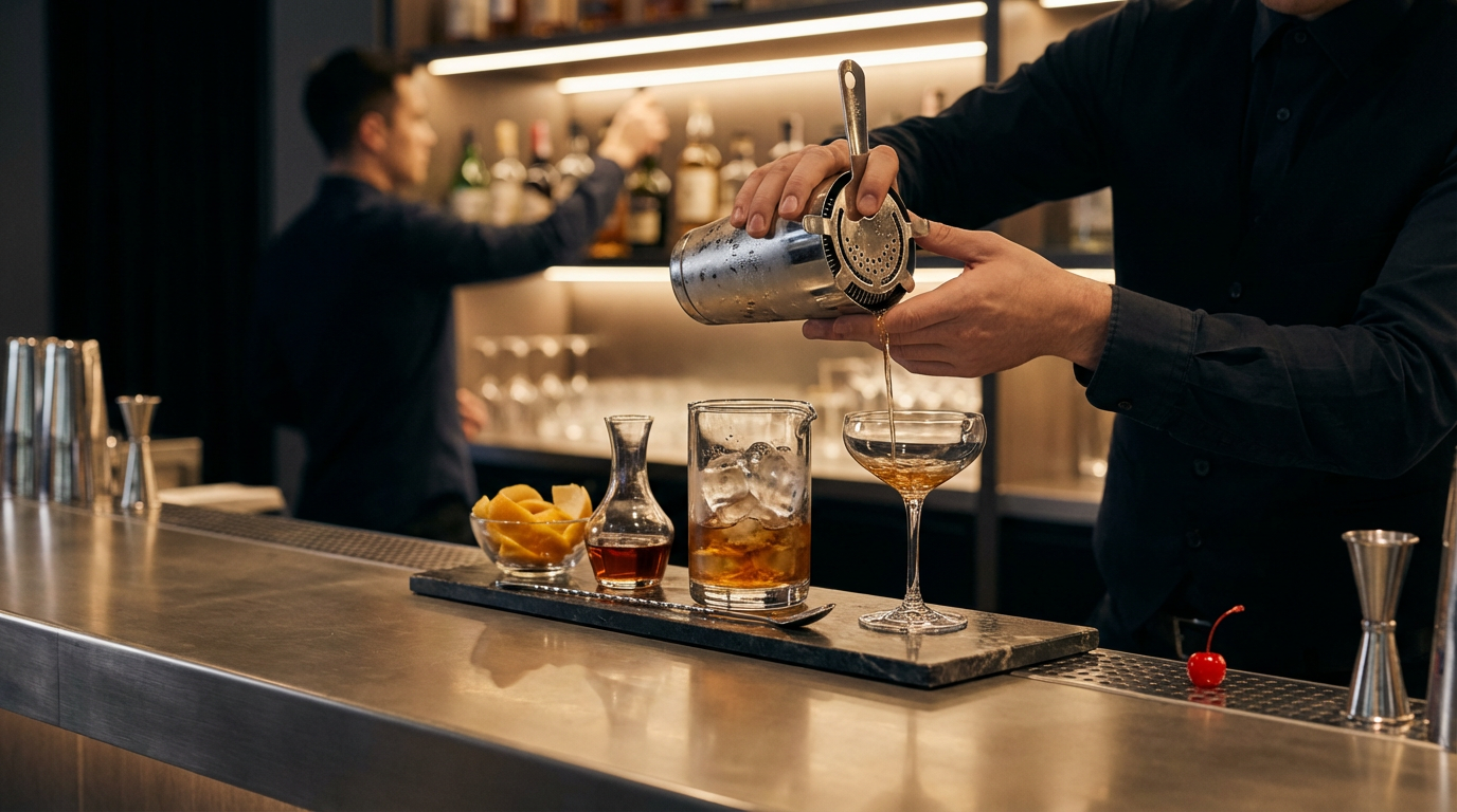 Bartender straining an amber cocktail into a coupe glass at a dimly lit bar, with ice, orange slices, and a cherry on the counter.
