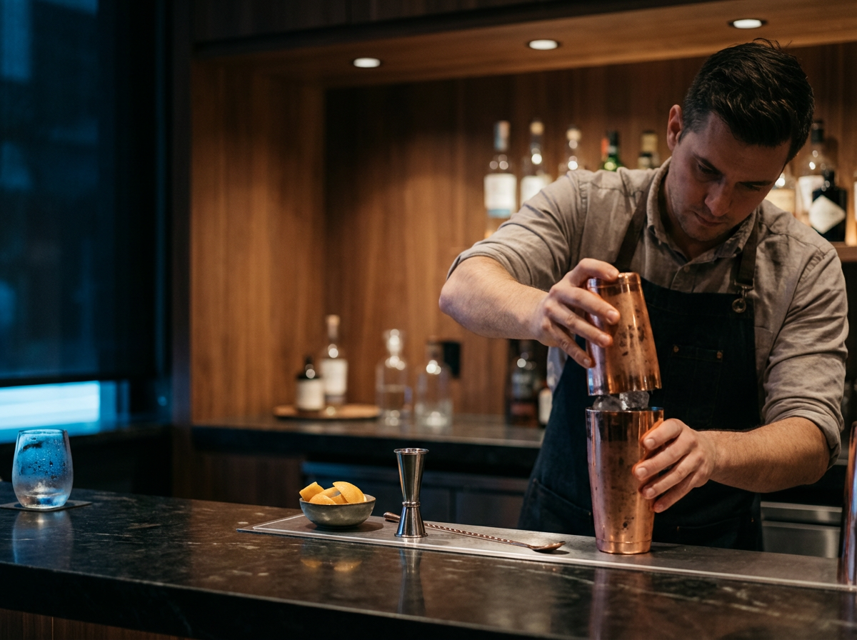 Bartender shaking a cocktail in a copper shaker at a dark wooden bar