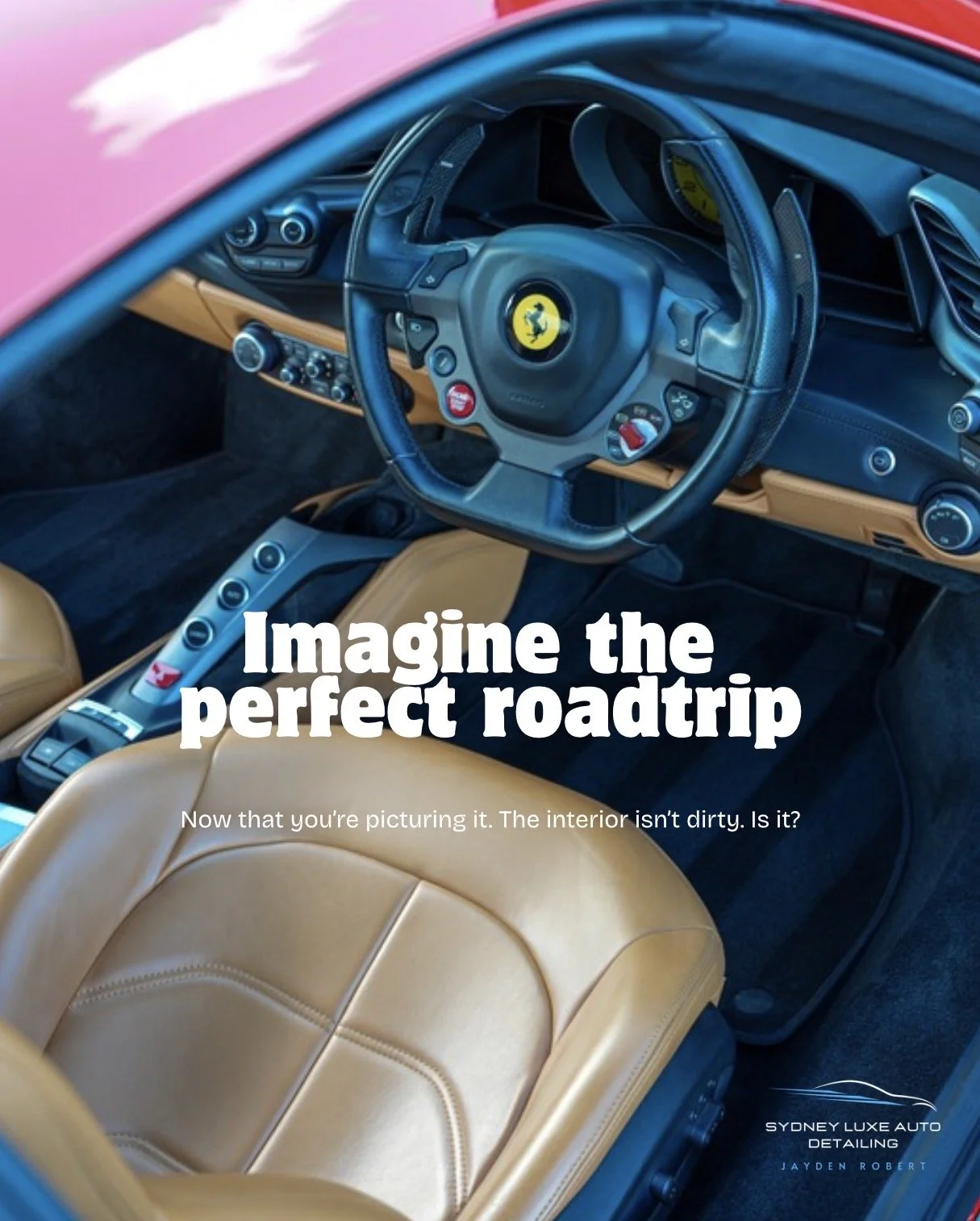 Clean Ferrari interior with tan leather seats, black dashboard, and iconic steering wheel, promoting a perfect road trip.