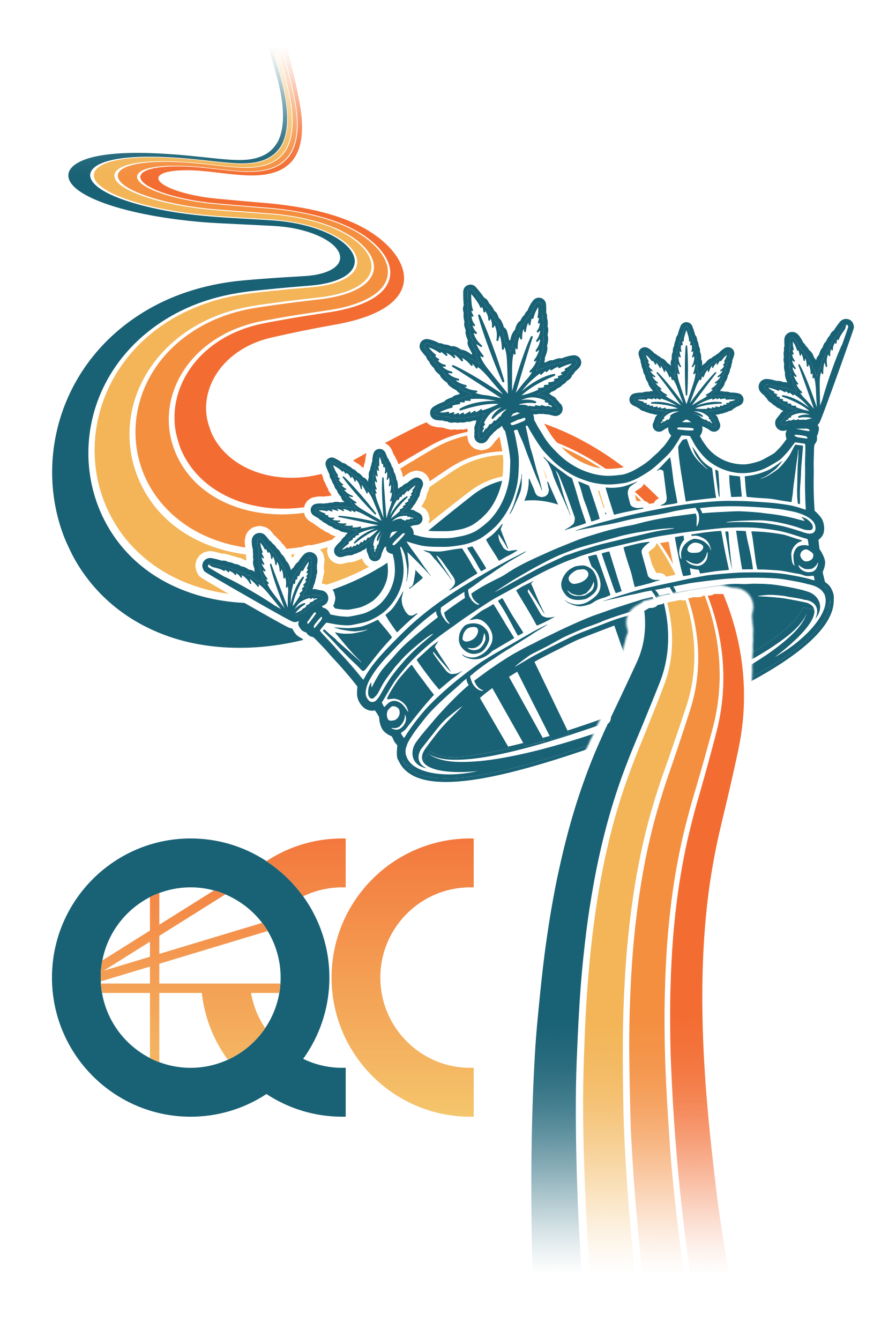 Stylized Statue of Liberty illustration with cannabis leaves and colorful teal, orange, and yellow flowing ribbons