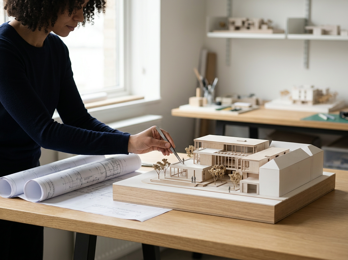 Architect examining a detailed modern house model beside rolled architectural blueprints in a design studio