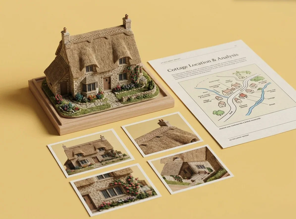 Miniature thatched-roof stone cottage model with landscaped garden, architectural detail photos, and a cottage location analysis map
