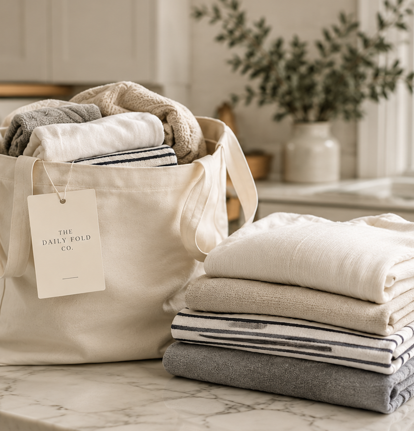 Houston Texas based laundry pickup and delivery service showing affordable options with canvas totes and towels on a marble countertop with a plant behind it