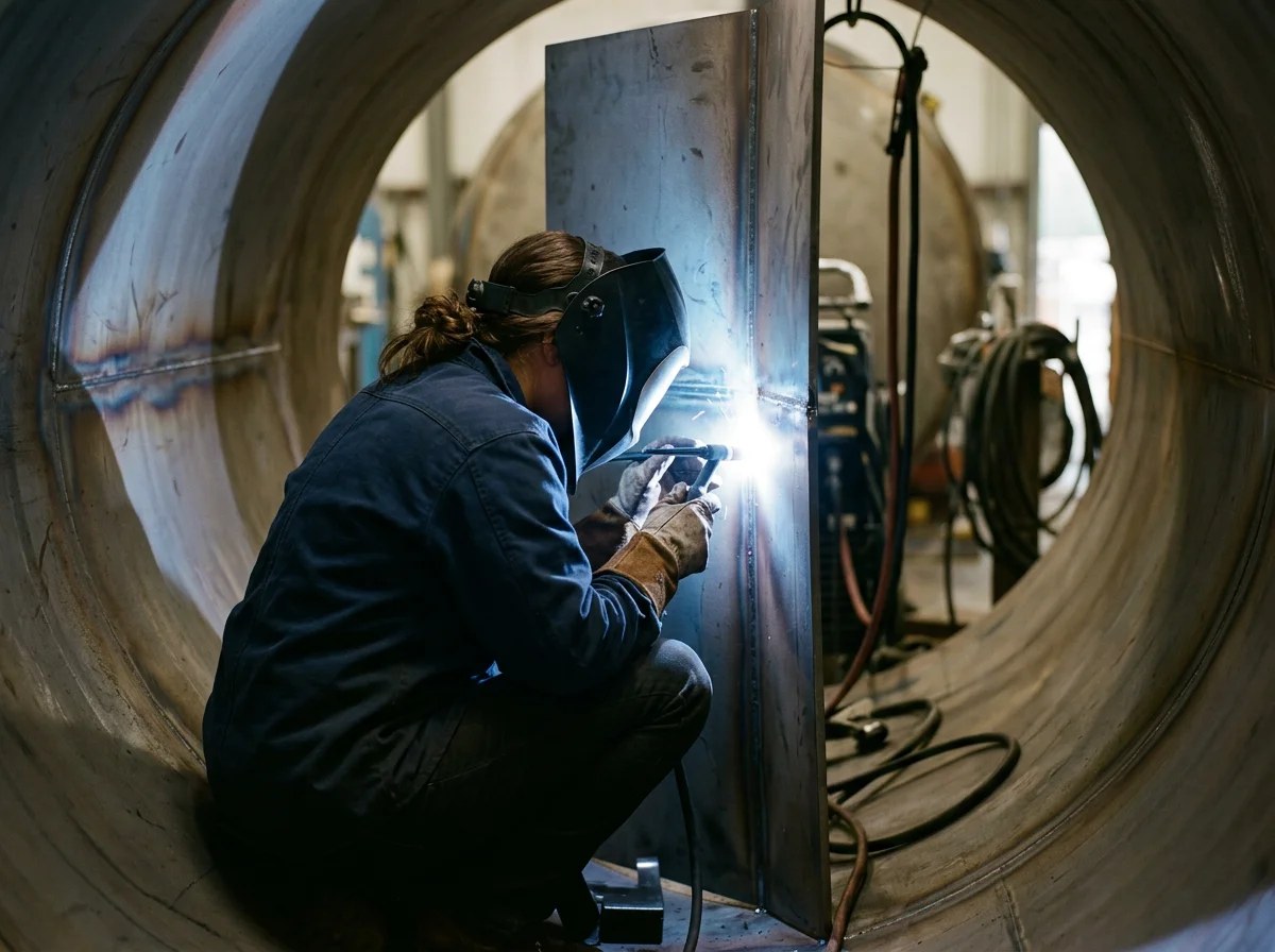 Welder in protective helmet welding a metal seam inside a large industrial pipe