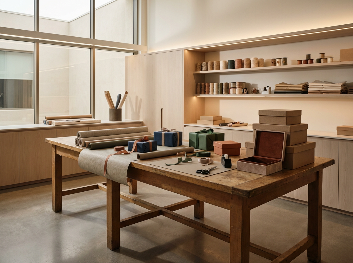 Modern packaging and gift-wrapping studio with rolls of paper, ribbons, boxes, scissors, and spools displayed on a wooden worktable and shelves