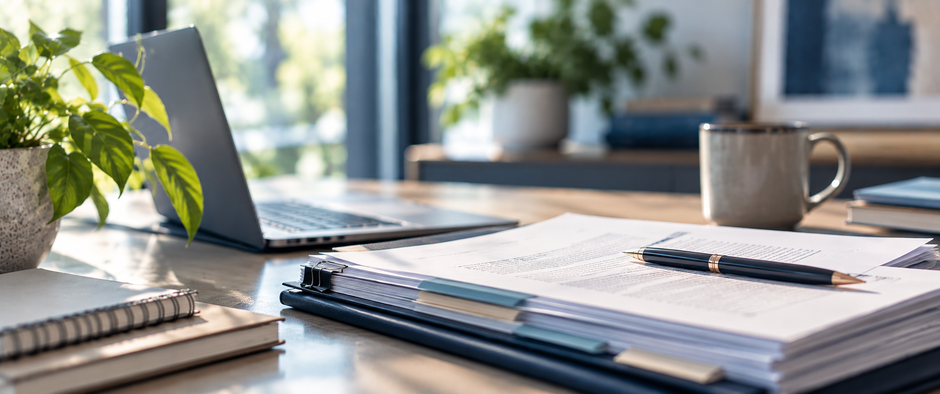 Desk with a laptop and a tabbed stack of program documents ready for review