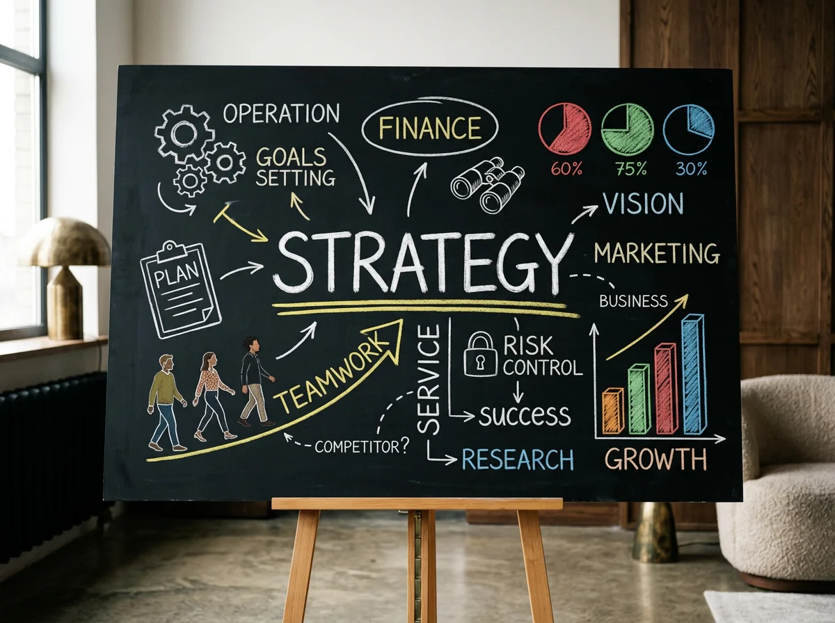 Chalkboard strategy diagram with business planning concepts, including finance, marketing, teamwork, risk control, research, success, and growth charts.
