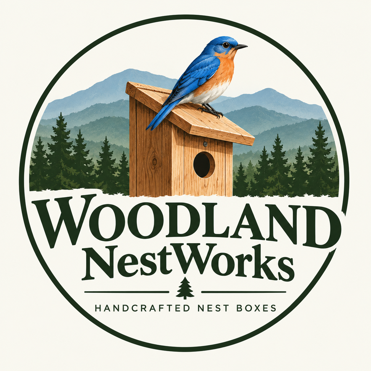Woodland NestWorks logo showing an Eastern Bluebird perched on a cedar nestbox in front of Blue Ridge Mountains