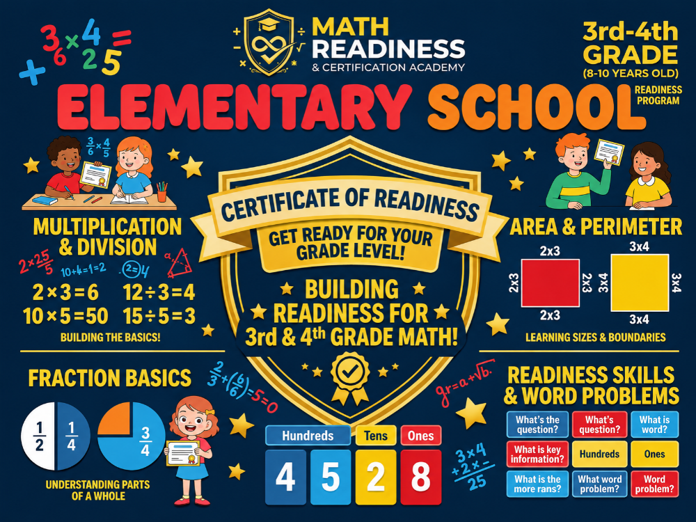 Colorful elementary school math readiness infographic for 3rd and 4th graders featuring multiplication, division, fractions, area, perimeter, place value, and word problems.