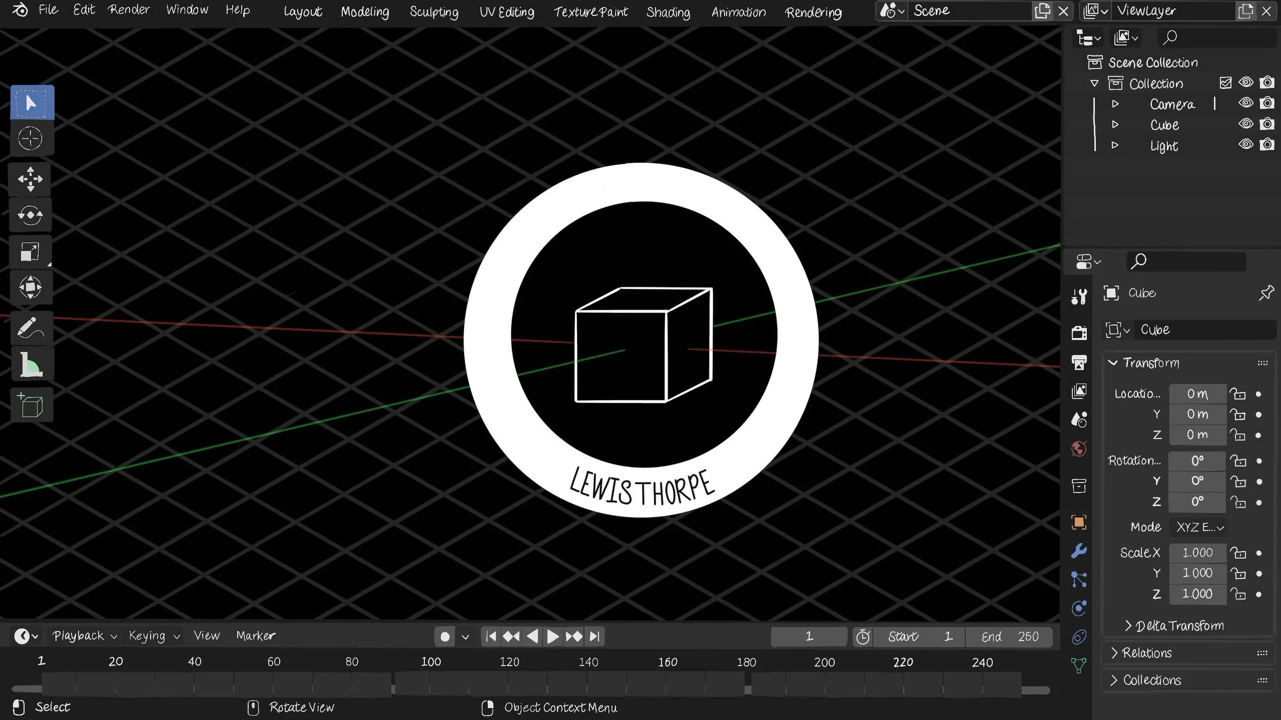 Blender 3D modeling interface showing a cube in a black grid viewport with a Lewis Thorpe circular logo overlay