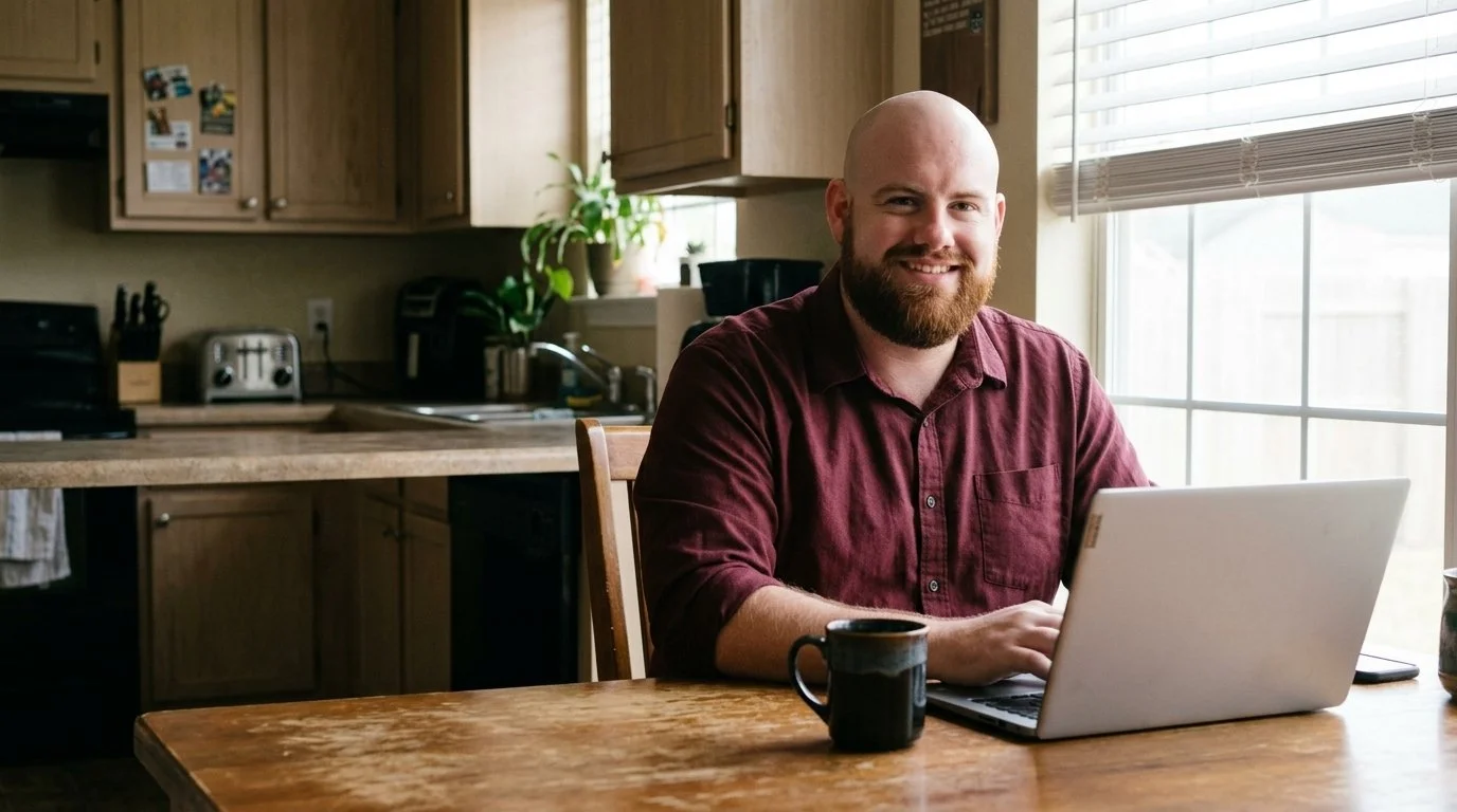 Joe at his kitchen table with a laptop and coffee