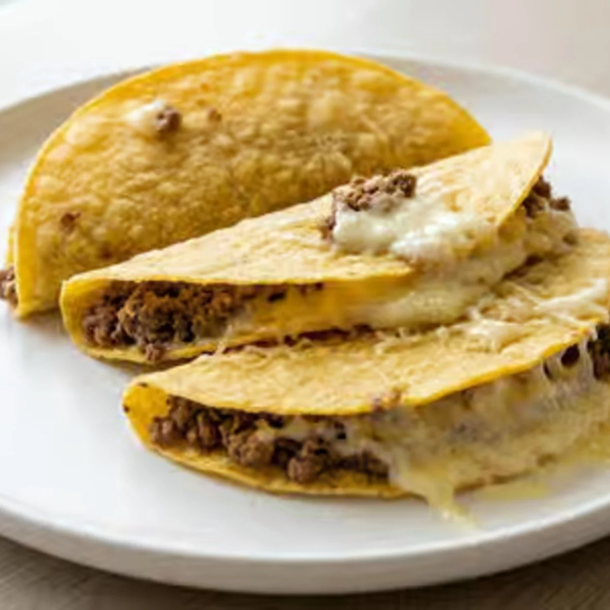 Plate of crispy folded ground beef and melted cheese quesadillas
