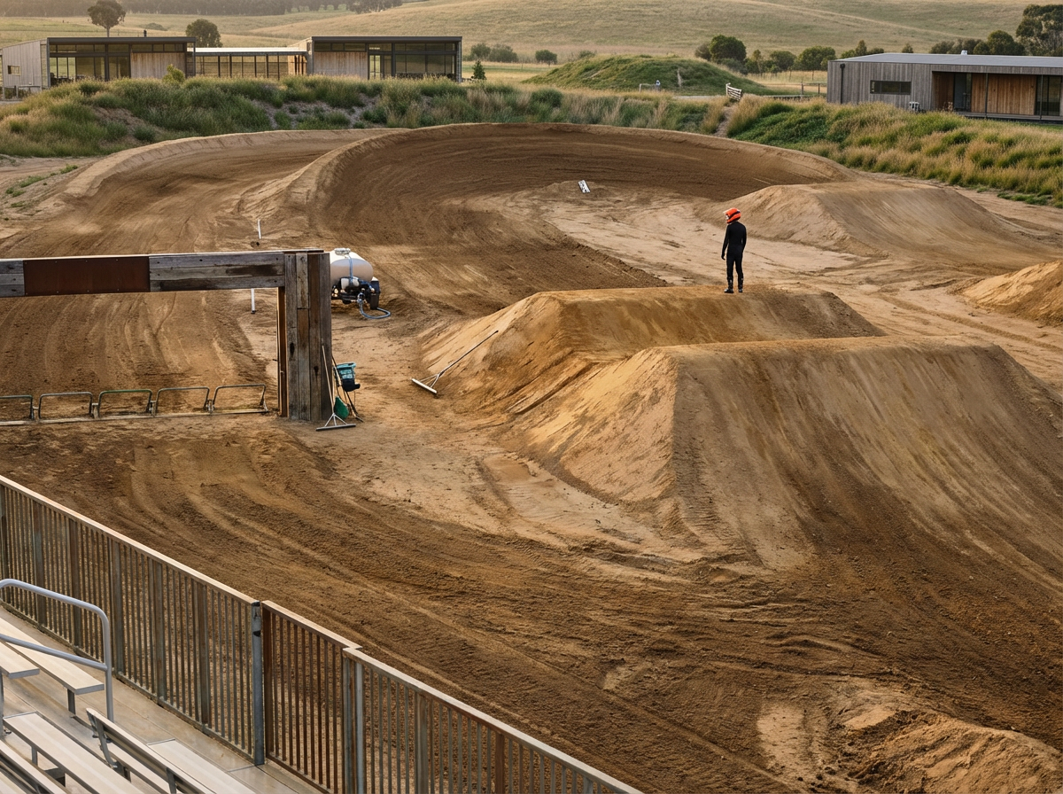 Dirt pump track with ramps, a person in a helmet, and modern buildings in a rural landscape