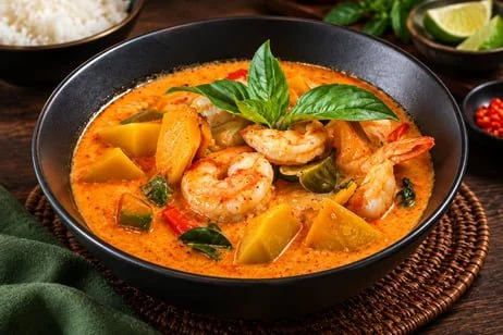 Thai red curry with shrimp, vegetables, and basil in a black bowl