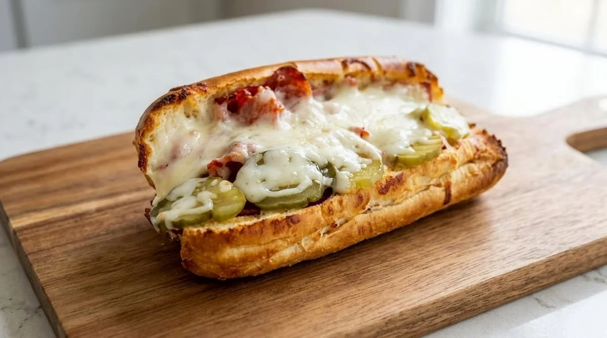 Toasted hoagie sandwich with melted cheese, sliced pickles, and meat on a wooden cutting board