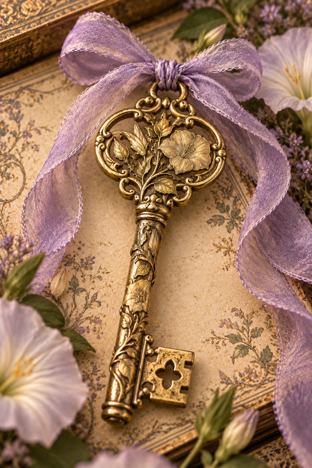 Ornate antique gold key with floral engraving, surrounded by a lavender ribbon and purple flowers on a vintage floral book