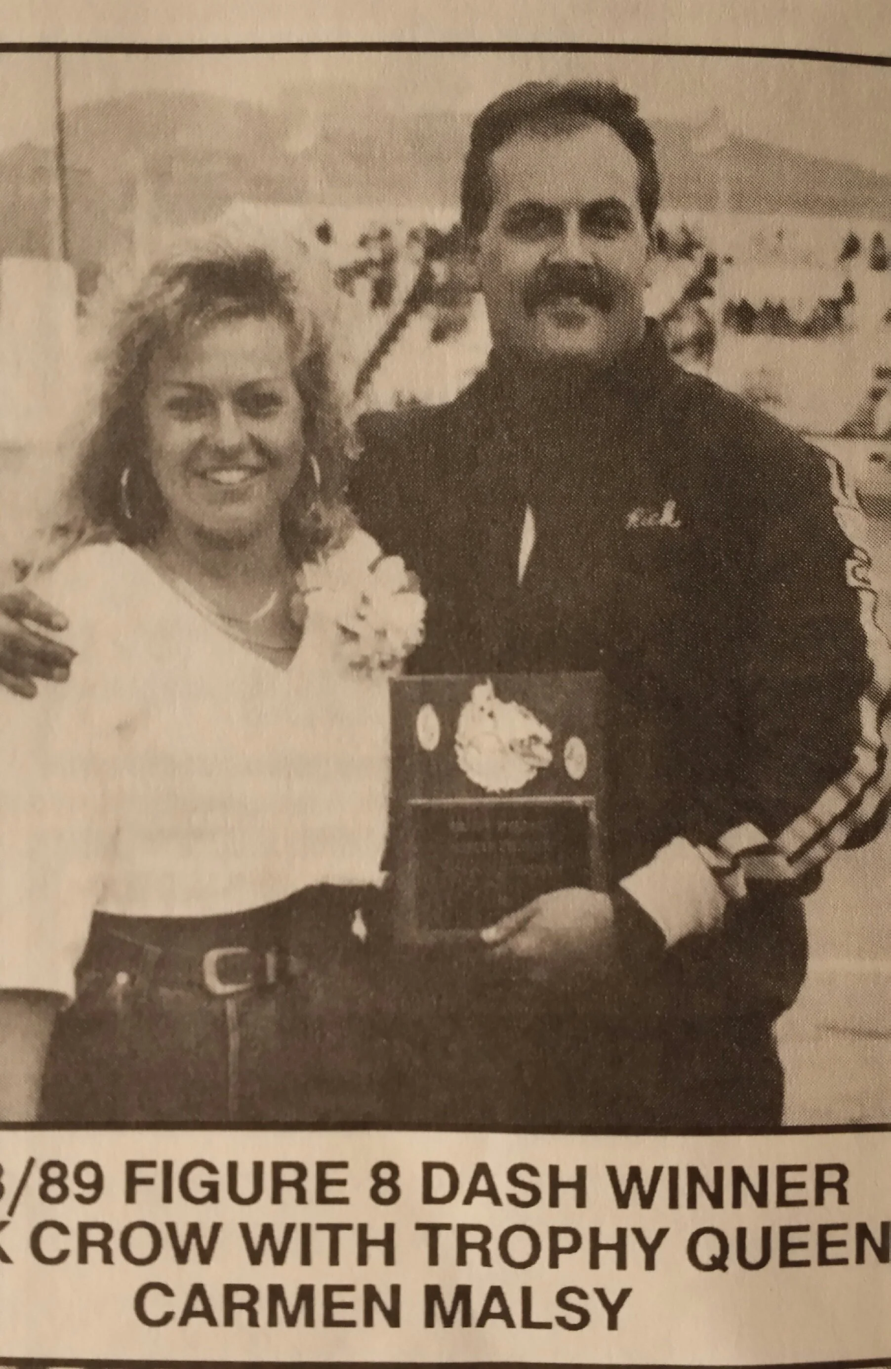 Rick Crow sets fast time, track record, and wins the trophy dash at Saugus Speedway in the Street Stock division 1989