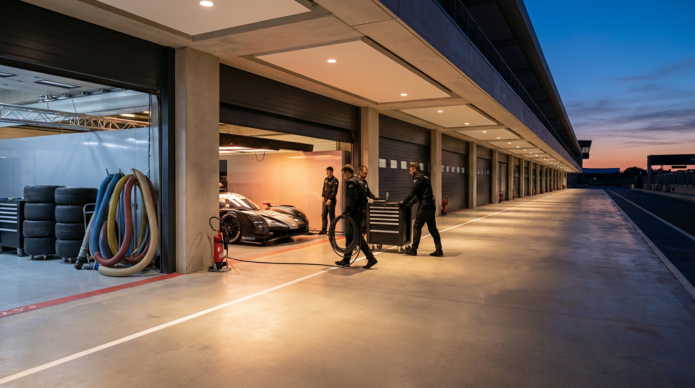 Race car and mechanics working in a brightly lit motorsport pit garage at dusk
