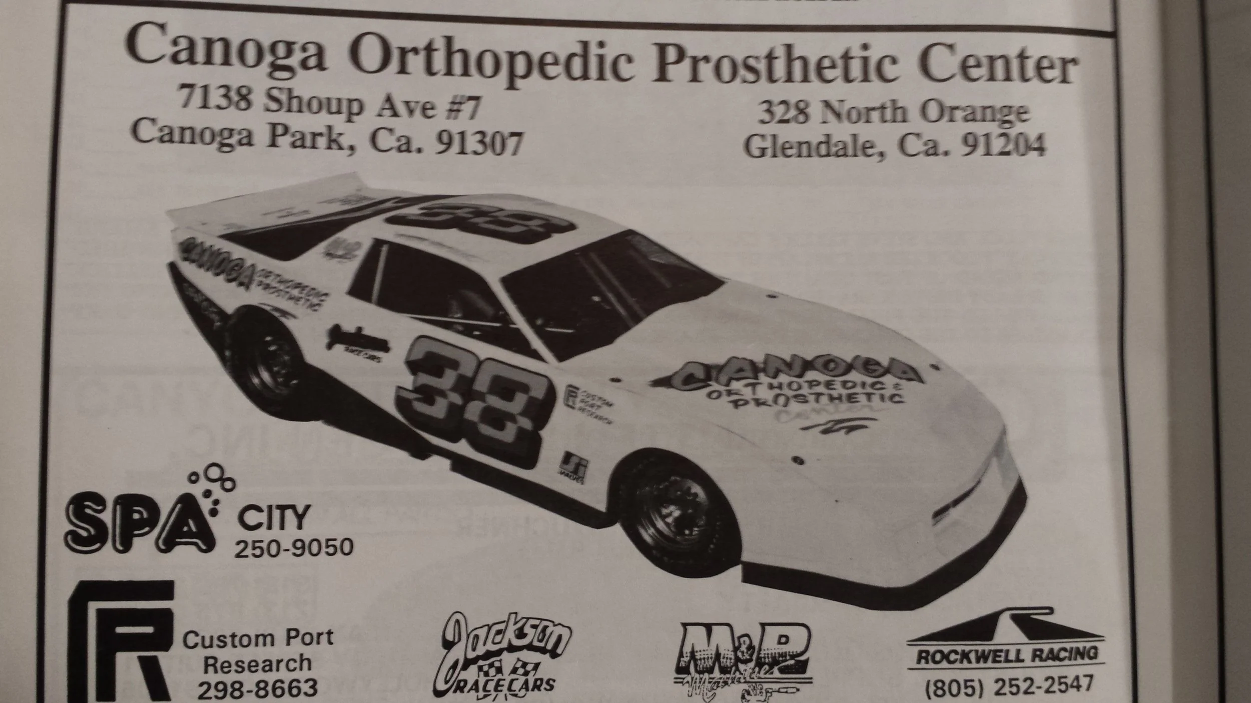 Vintage NASCAR Super Late Model driver Rick Crow newspaper advertisement for a Canoga Orthopedic Prosthetic Center featuring a modified race car and clinic addresses in Canoga Park and Glendale, California.