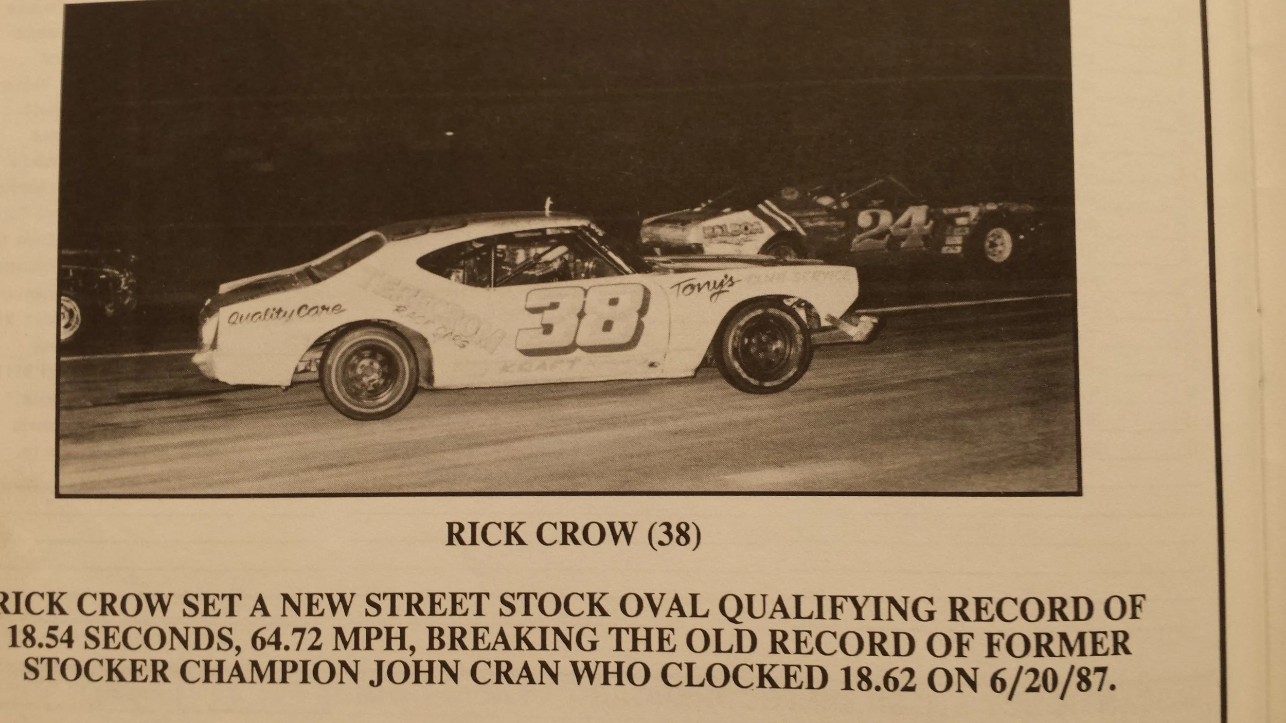 Rick Crow in his Saugus Speedway NASCAR pink #38 car 1989