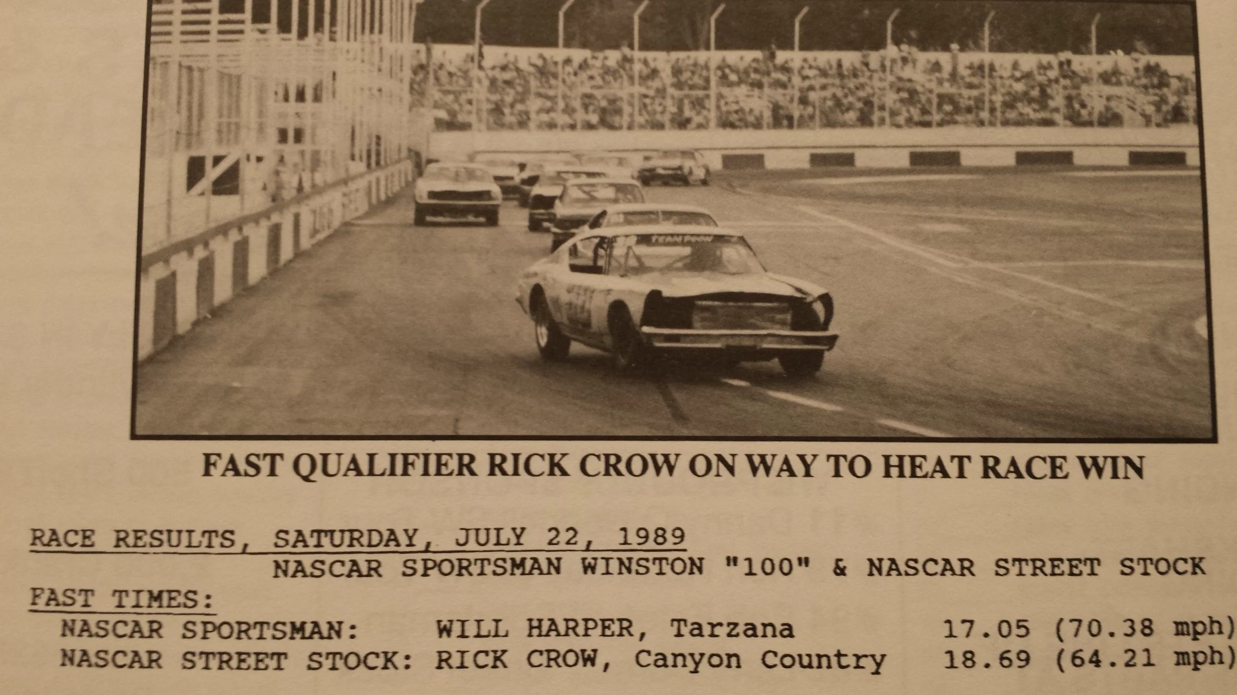 1989 Street Stock Saugus Speedway “Fast qualifier Rick Crow on way to heat race win.”