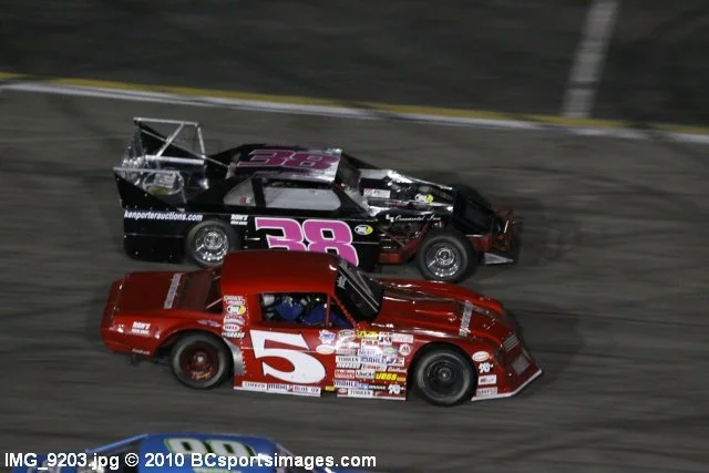 Irwindale Speedway Open Comp division Rick Crow in the 38 car and Gerrit Cromsigt in the 5 car battling door to door