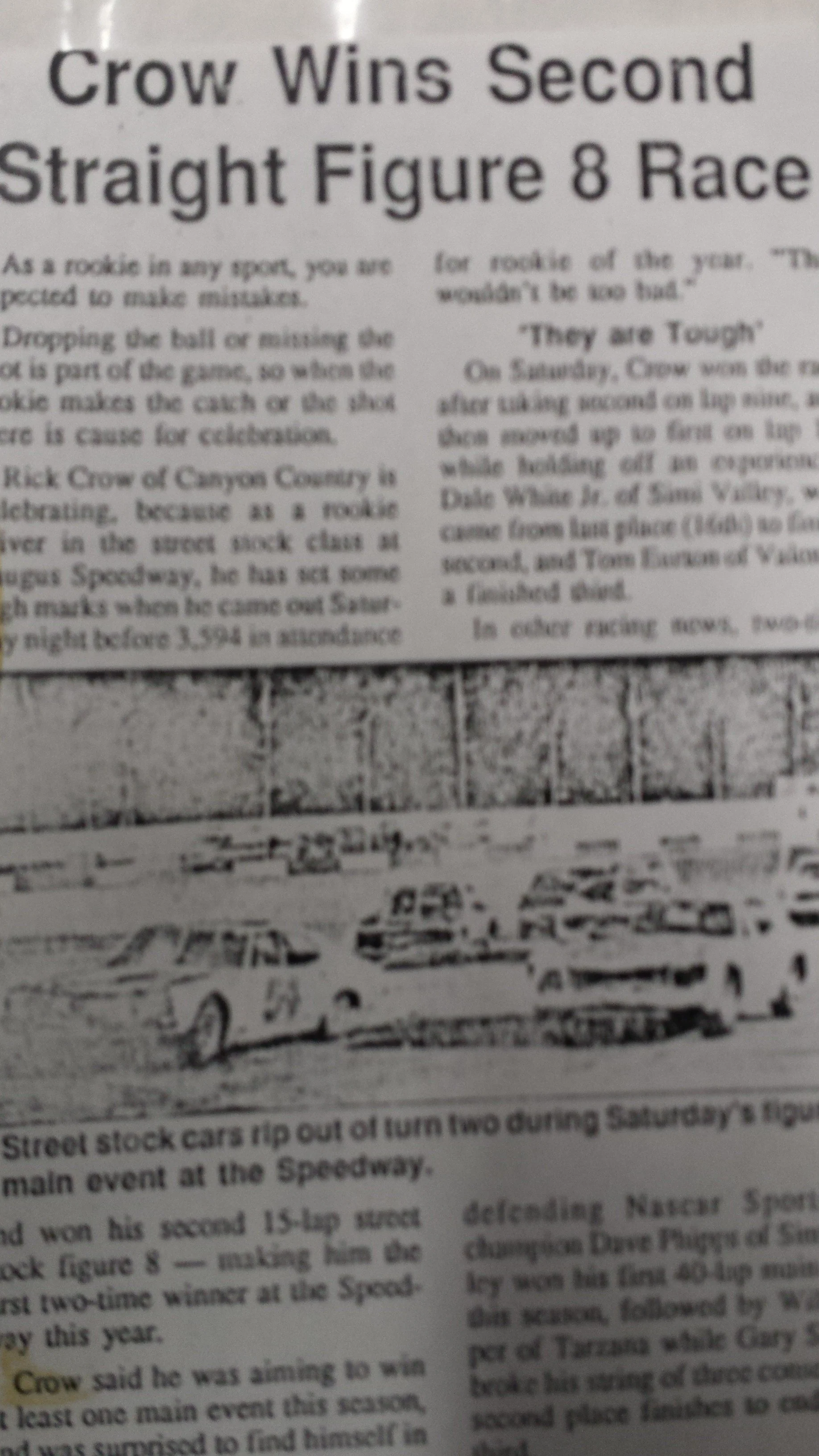 1989 “Crow Wins Second Straight Figure 8 Race,” with a black-and-white race photo and handwritten annotations.