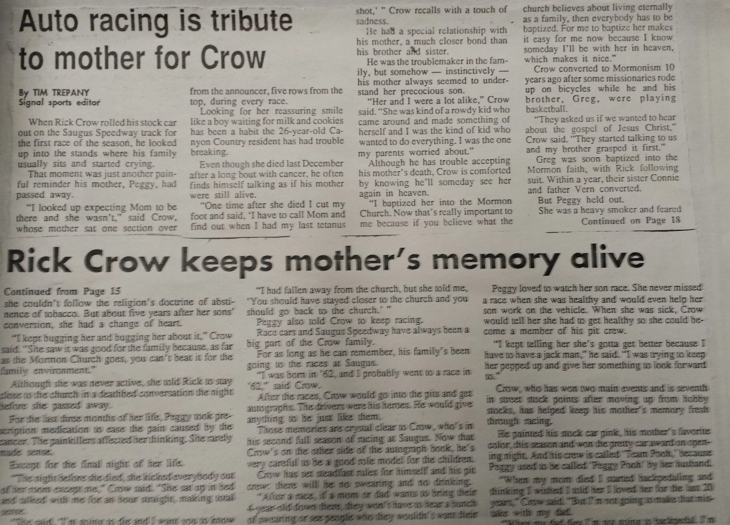 Newspaper feature titled “Auto racing is tribute to mother for Crow,” about race car driver Rick Crow honoring his late mother Peggy's legacy through racing. In Memory Of Mom Los Angeles Daily News