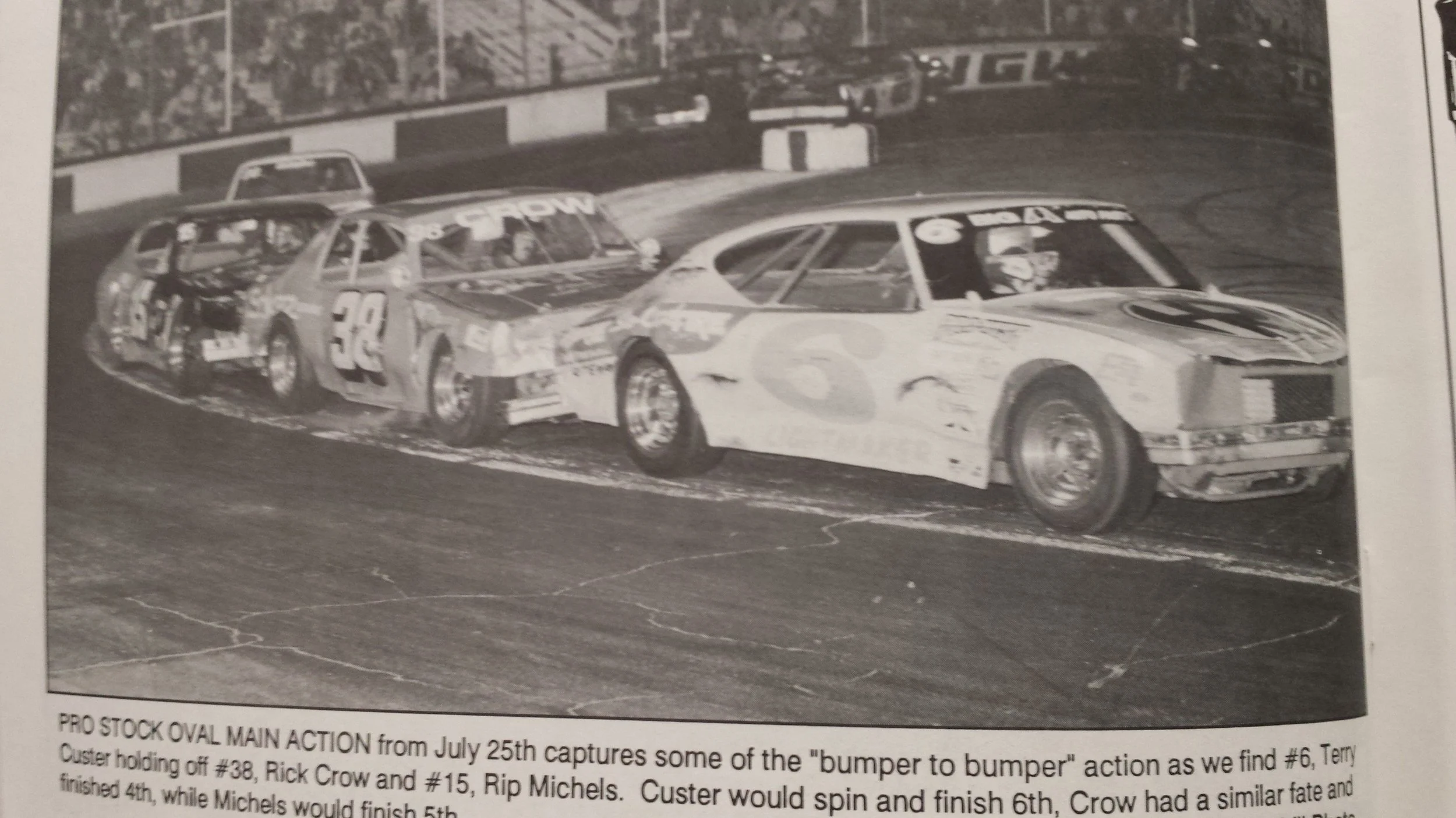 Saugus Speedway NASCAR Pro Stocks number 6 Terry Custer leads number 38 Rick Crow through turn 4