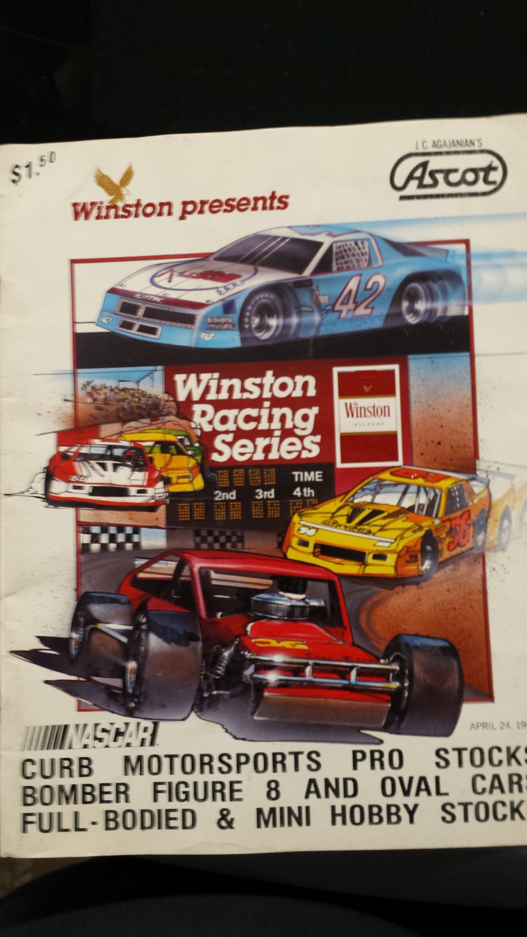 Vintage NASCAR magazine cover featuring illustrated race cars, including a blue No. 42 stock car, Winston Racing Series artwork, and motorsports headlines.