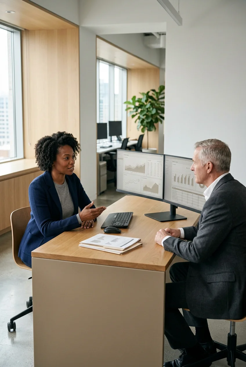 Business professionals discussing data analytics at a desk with dual computer monitors in a modern office