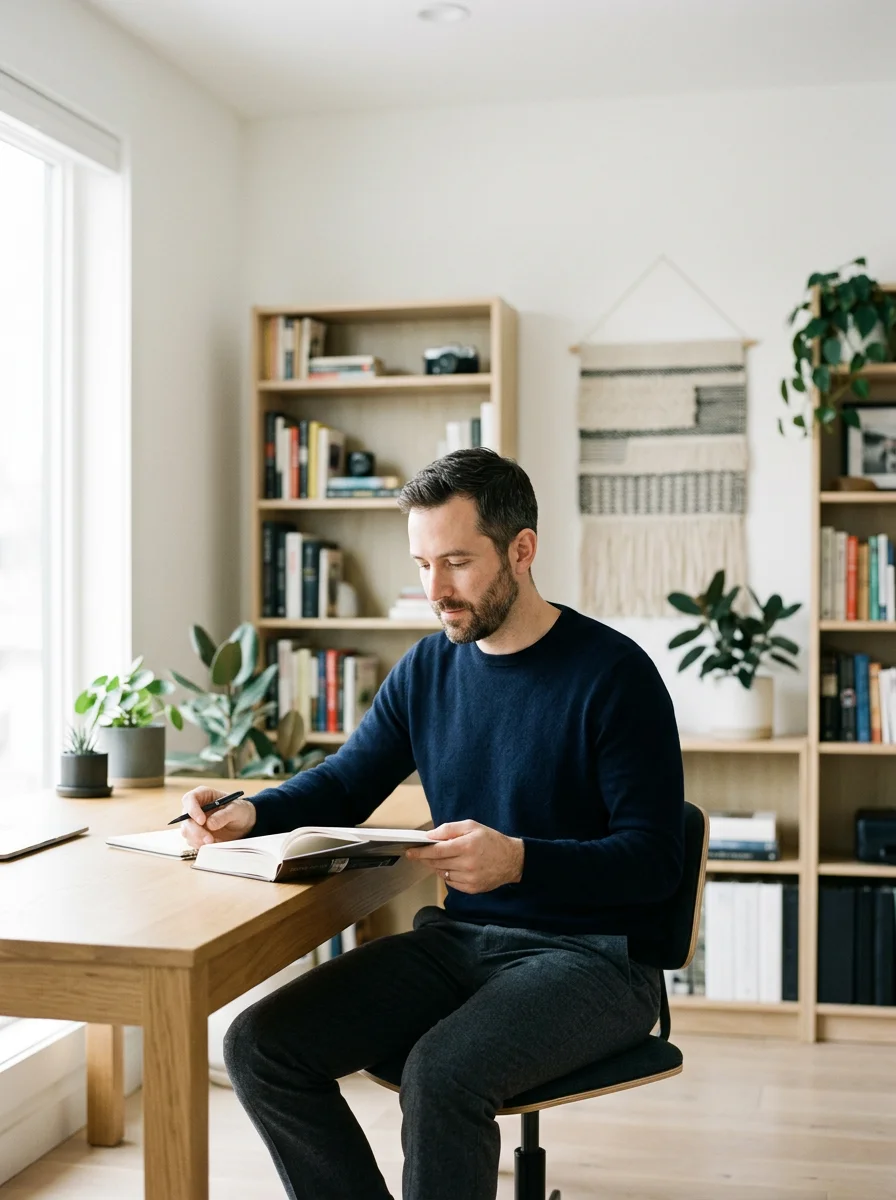 Man writing in an open book at a wooden desk in a bright home office with bookshelves and plants
