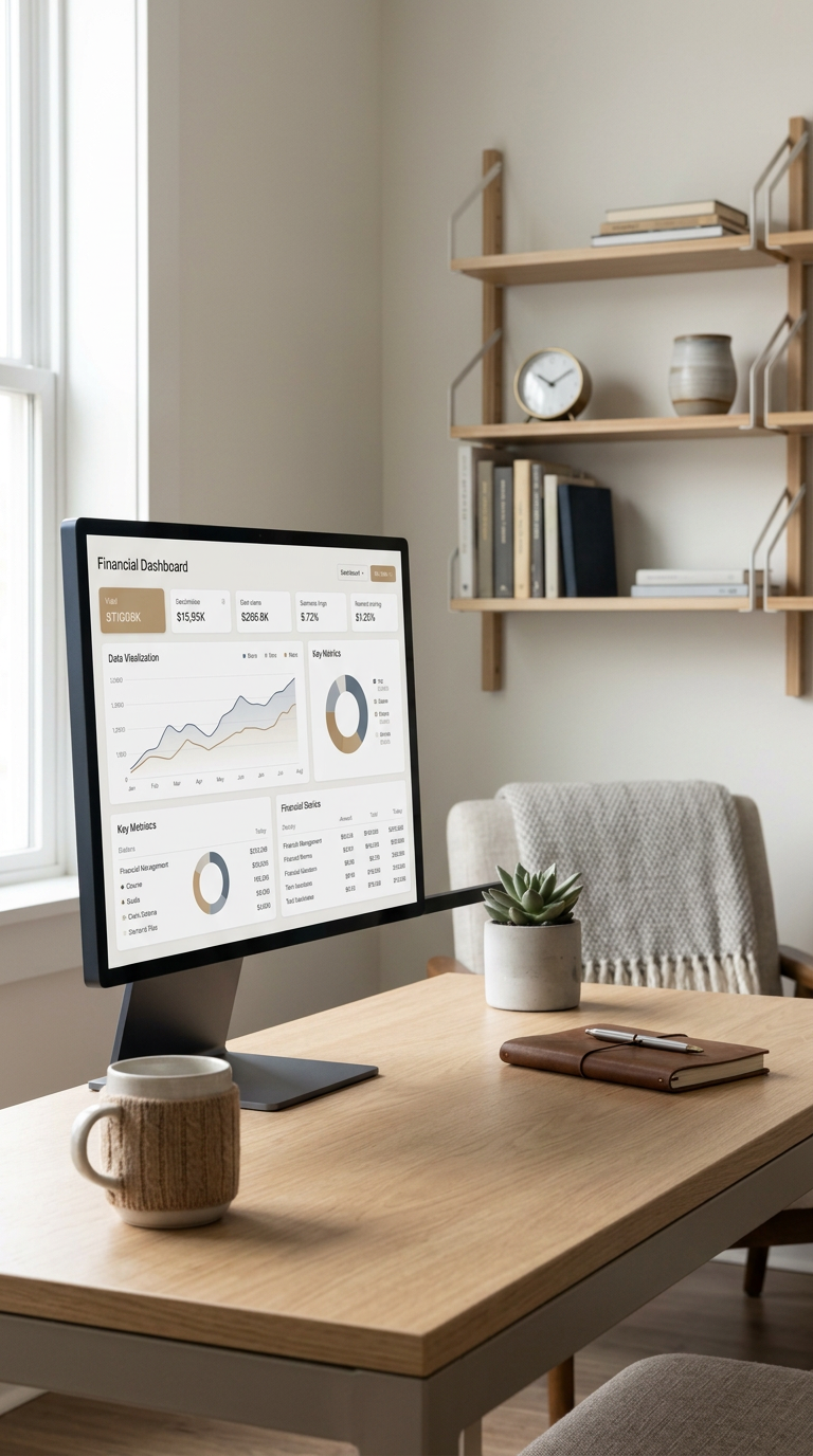 Home office desk with a financial dashboard monitor, coffee mug, succulent, notebook, and wall shelves