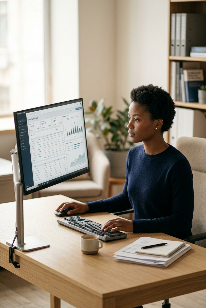 Woman analyzing financial data on a computer monitor at a home office desk