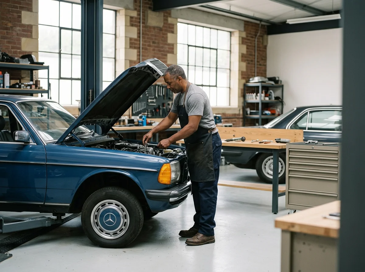 Auto mechanic inspecting the engine of a vintage blue Mercedes-Benz in a repair garage