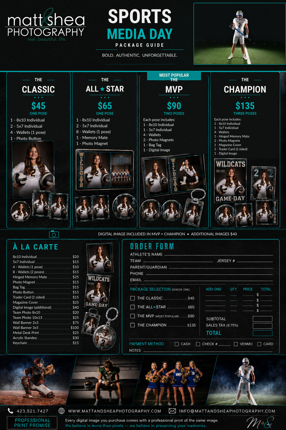 Matt and Shea Photography Sports Media Day package guide with print packages and à la carte products
