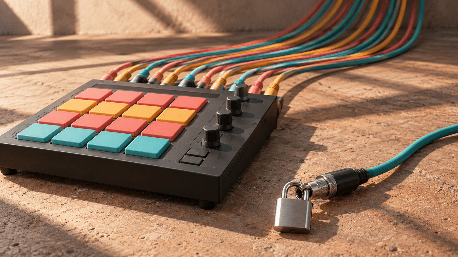 Een hardware drumsampler met zestien koraalrode, saffraangele en turquoise pads op terracotta beton in hard middaglicht; uit de achterkant waaiert een bundel gelijke gekleurde kabels, en op de voorgrond eindigt één kabel in een gesloten stalen hangslot