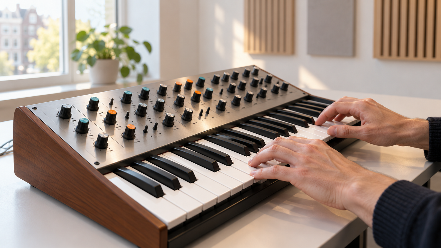 Twee handen spelen een melodie op een compacte analoge synthesizer met geborsteld aluminium paneel, teal en oranje knoppen en een notenhouten zijwang, in een lichte Amsterdamse projectstudio