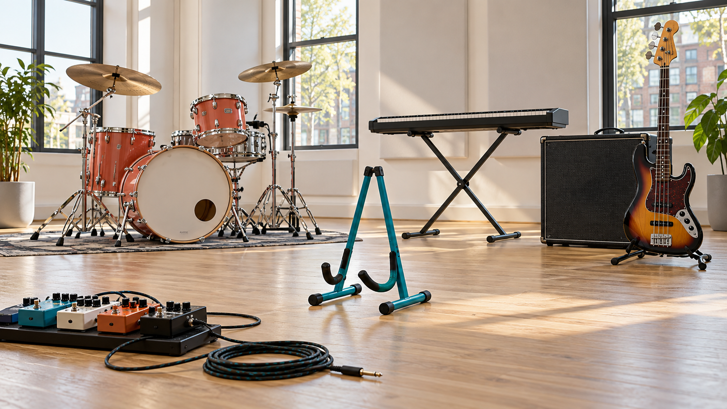 Lichte oefenzaal met de backline van een vierkoppige band: koraalrood drumstel, keyboard op standaard, basversterker met sunburst basgitaar en in het midden een lege turquoise gitaarstandaard naast een pedalboard met losse kabel