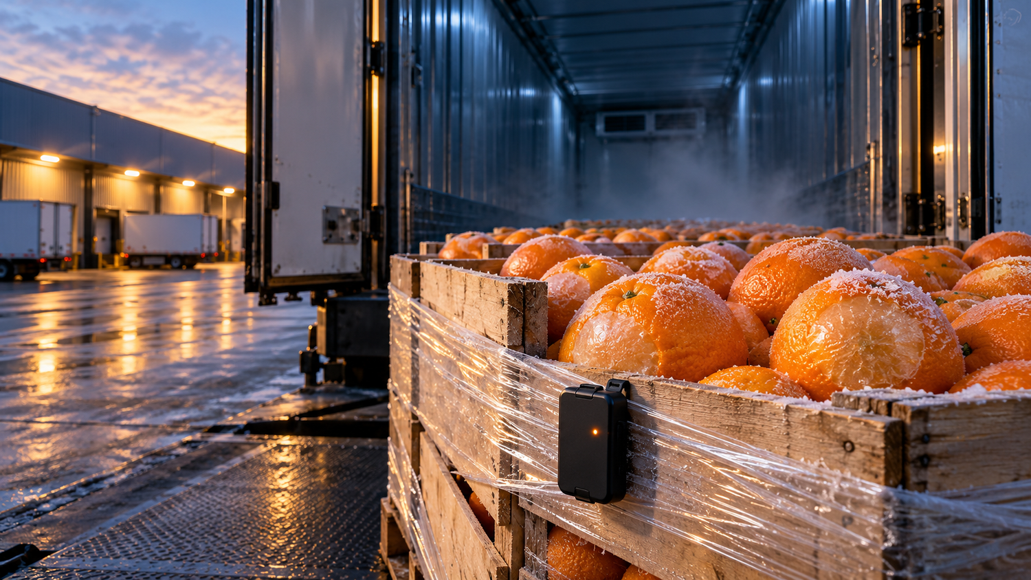 Open laadruimte van een koelwagen bij een laadperron in de ochtendschemering; op de voorgrond een houten kist sinaasappels met berijpte, glazig bevroren vruchten en een zwarte temperatuurlogger met een oranje lampje op de wikkelfolie