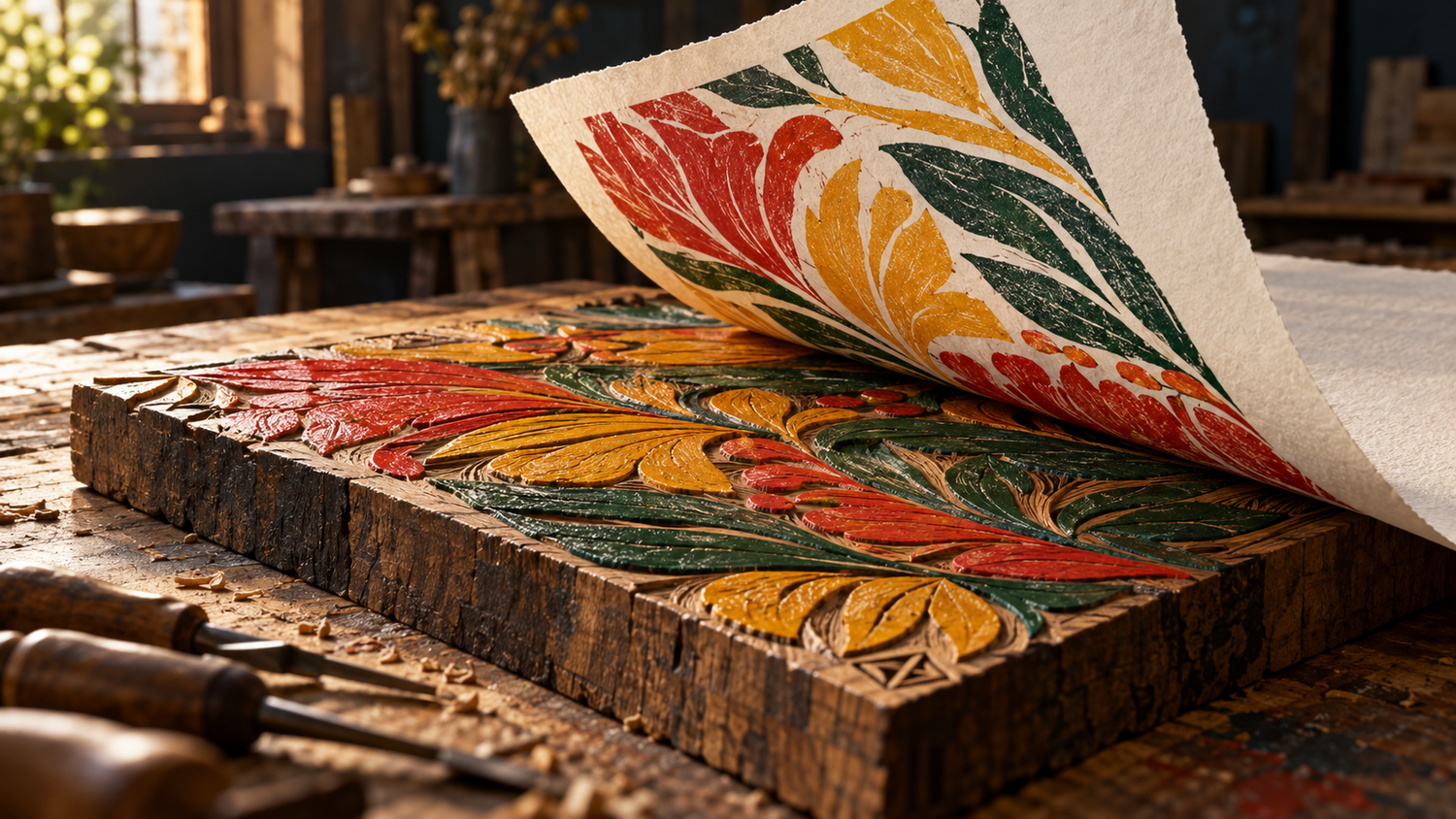Gesneden houtsnedeblok met een bloemmotief in vermiljoen, okergeel en groen op een werkbank; een vel handgeschept papier met de gespiegelde afdruk wordt van het blok afgetrokken, met een geometrisch monogram in de hoek van het blok